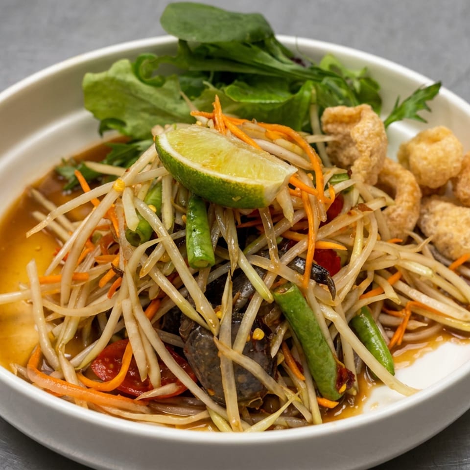 Thai-inspired papaya salad with bean sprouts, carrots, green beans, lime, leafy greens, and crispy toppings in a white bowl.