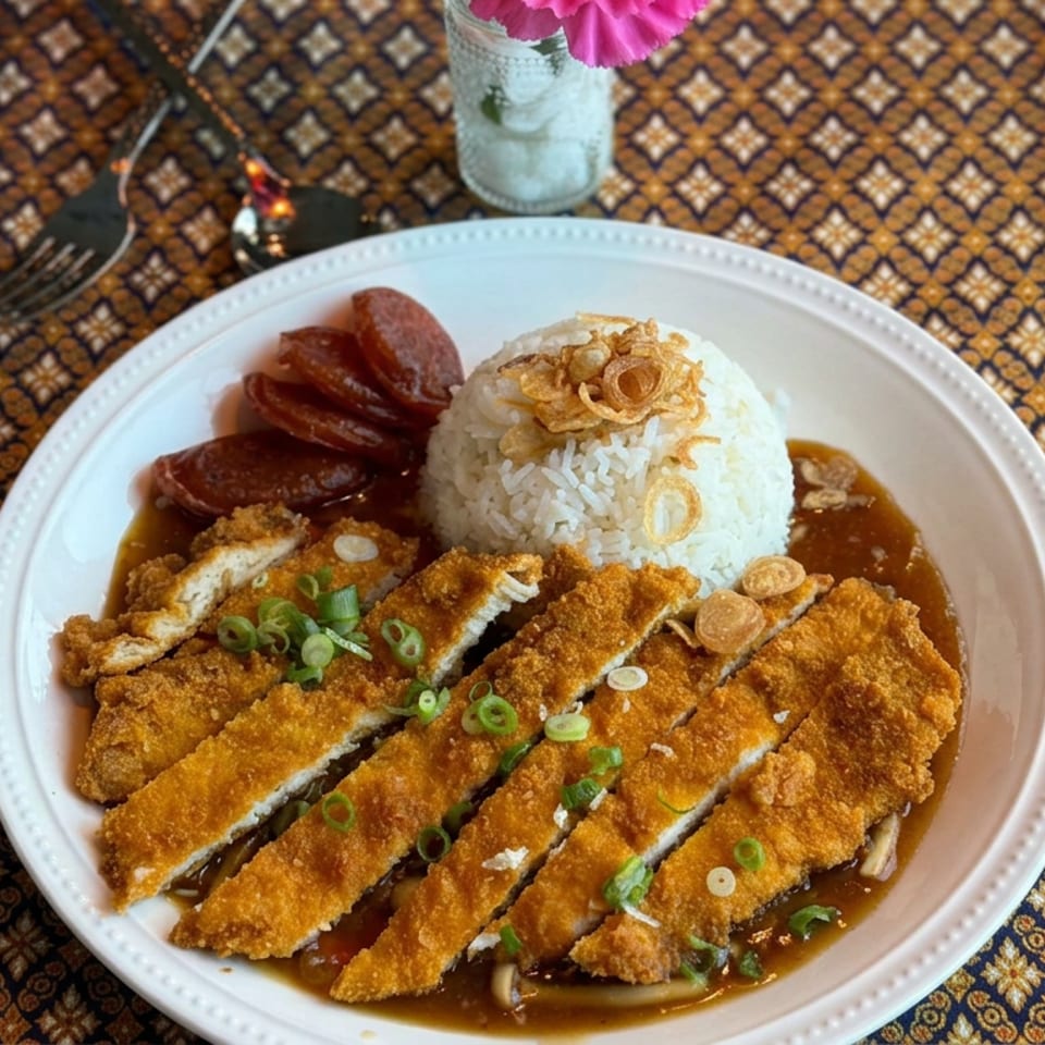 Breaded chicken cutlet with rice, sausage, fried garlic, and scallions in brown sauce on a patterned tablecloth.